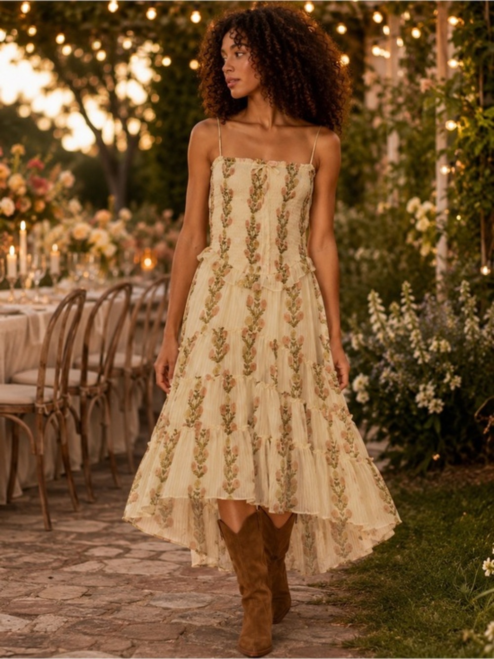 Free People Alejandra Smocked Bodice Tiered Midi Dress XS Cloud Combo